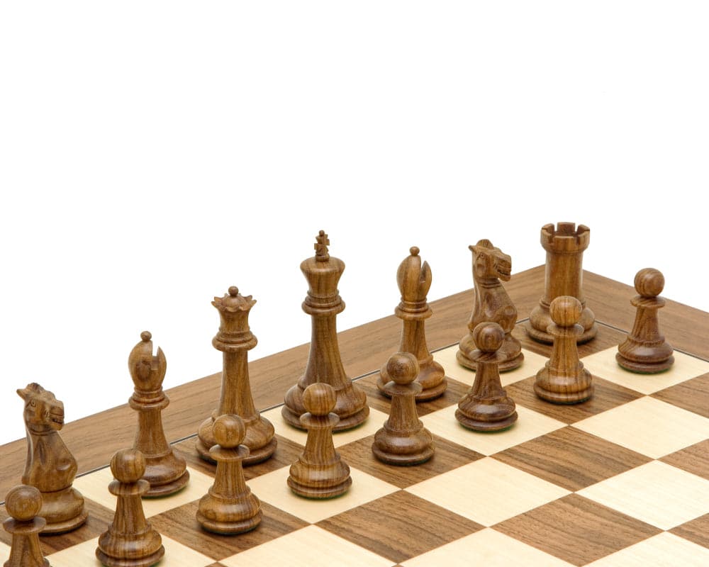 Victoria Sheesham Deluxe Staunton Chess Set with elegant chess pieces on deluxe walnut chessboard.