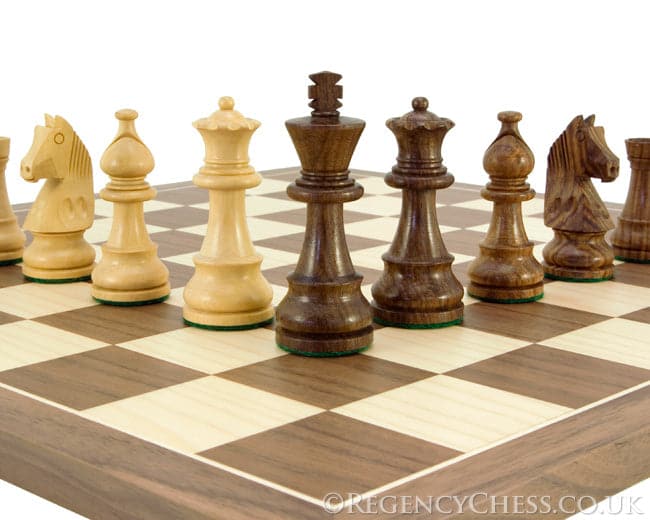 Down Head Knight Academy Large Chess Set with 3.25 Inch Sheesham Staunton chess pieces and walnut board displaying craftsmanship