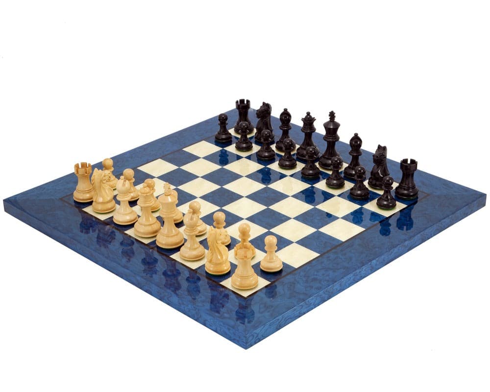 Fierce Knight Blue Chess Set with Staunton design and a beautifully crafted Italian blue-stained erable veneer chess board.