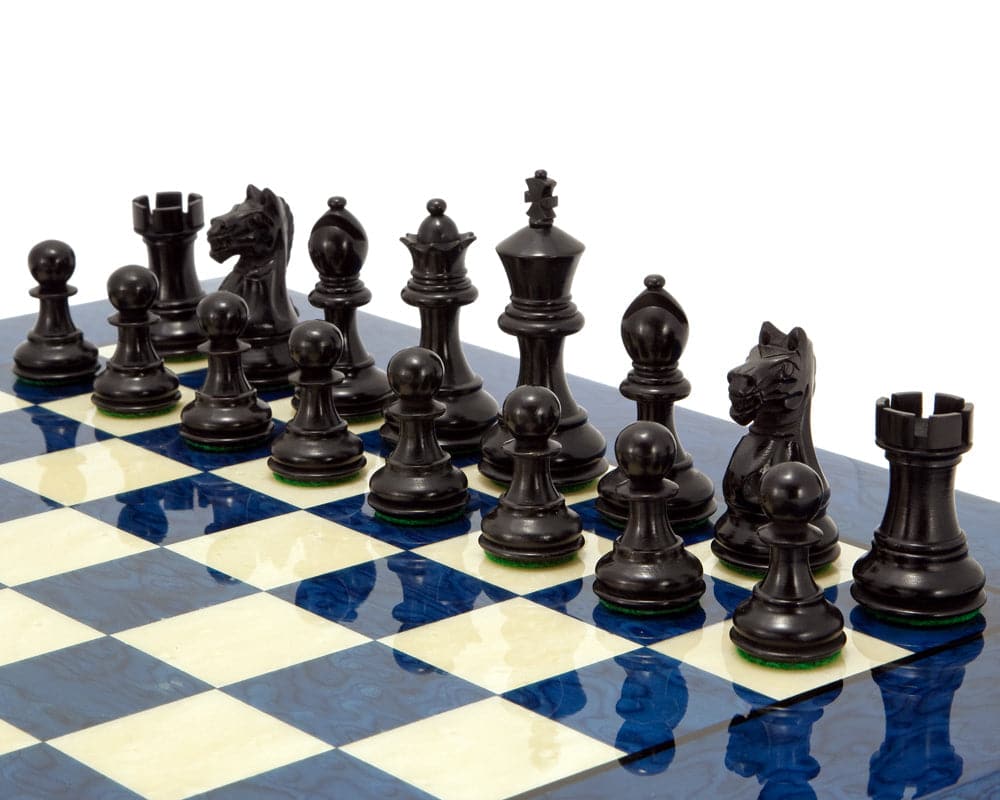 Fierce Knight Blue Chess Set with ebony and boxwood chessmen on blue-stained erable board