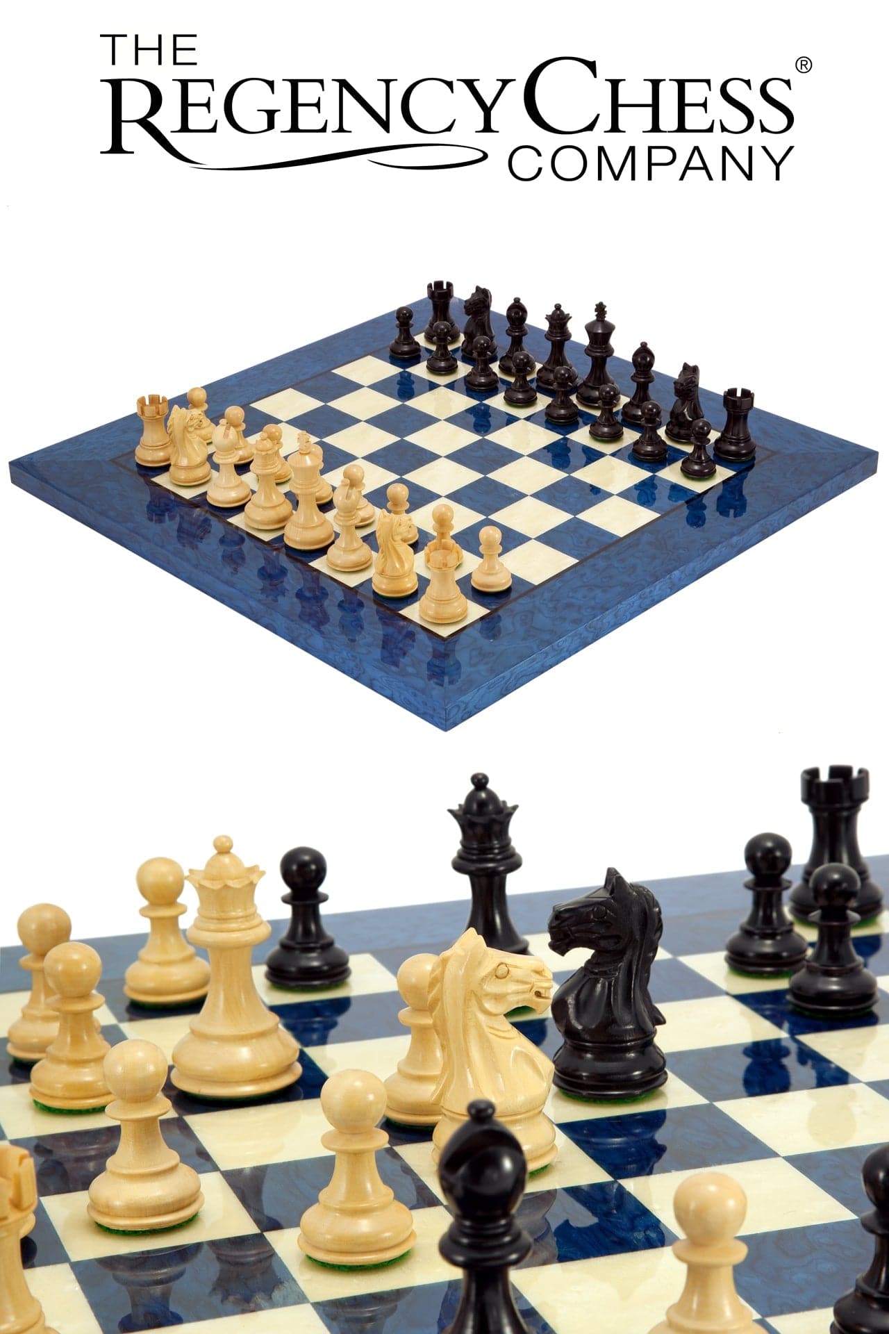 Fierce Knight Blue Chess Set by Regency Chess Company with Staunton design, ebony and boxwood pieces, on erable veneer chess board, 16.5 inches.