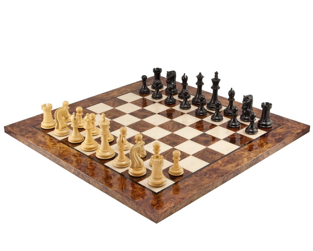 Canterbury Knight Ebony Luxury Chess Set on Dark Walnut Burl Board with Handcrafted Solid Ebony Pieces