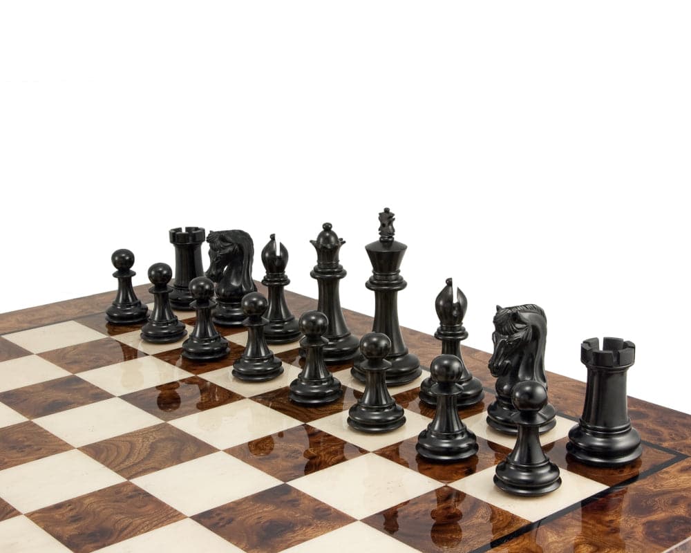 Canterbury Knight Ebony Luxury Chess Set with Dark Walnut burl board, featuring beautifully ornate, handcrafted solid ebony pieces and 4.5 inch king.