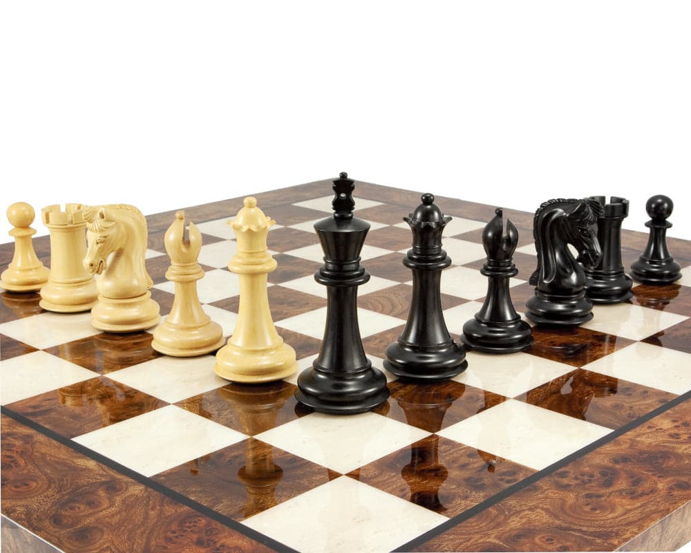 Canterbury Knight Ebony Luxury Chess Set on Dark Walnut Burl Board with Handcrafted Pieces