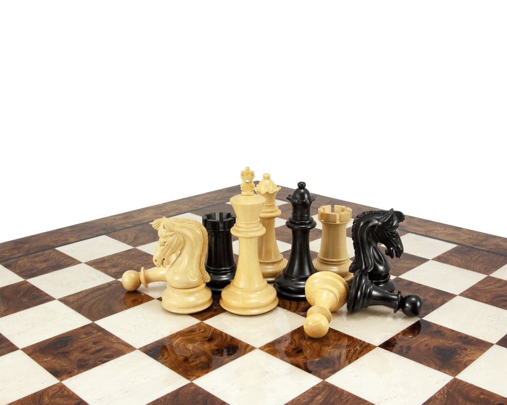 Canterbury Knight Ebony Luxury Chess Set with handcrafted ebony pieces on stunning Dark Walnut burl board