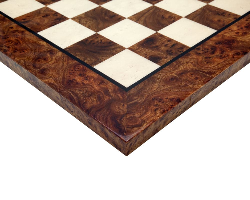 Stunning dark walnut burl chessboard corner with solid wood grain and high-quality finish.