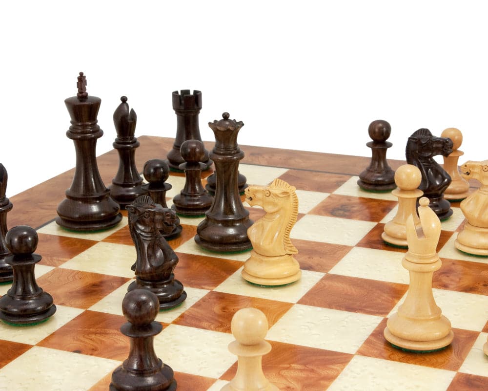 Sicilian Rosewood and Briarwood chess set with intricate handmade pieces on a richly colored briarwood and elm veneer board