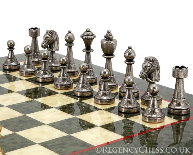 Finnesburg Brass and Olive Luxury Chess Set with solid Brass and Nickel plated pieces on a beautifully crafted board.