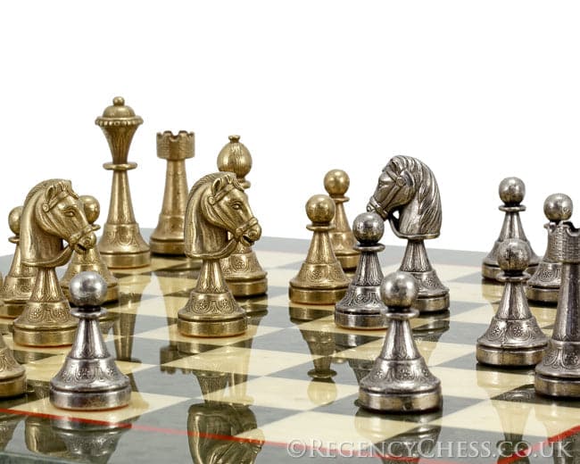 Finnesburg Brass and Olive Luxury Chess Set with detailed brass and nickel plated pieces on an elegant chessboard.