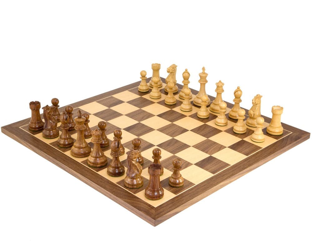 Winchester Sheesham Tournament Chess Set with hand-carved knights and Staunton design, featuring double-weighted pieces on a wooden chessboard.