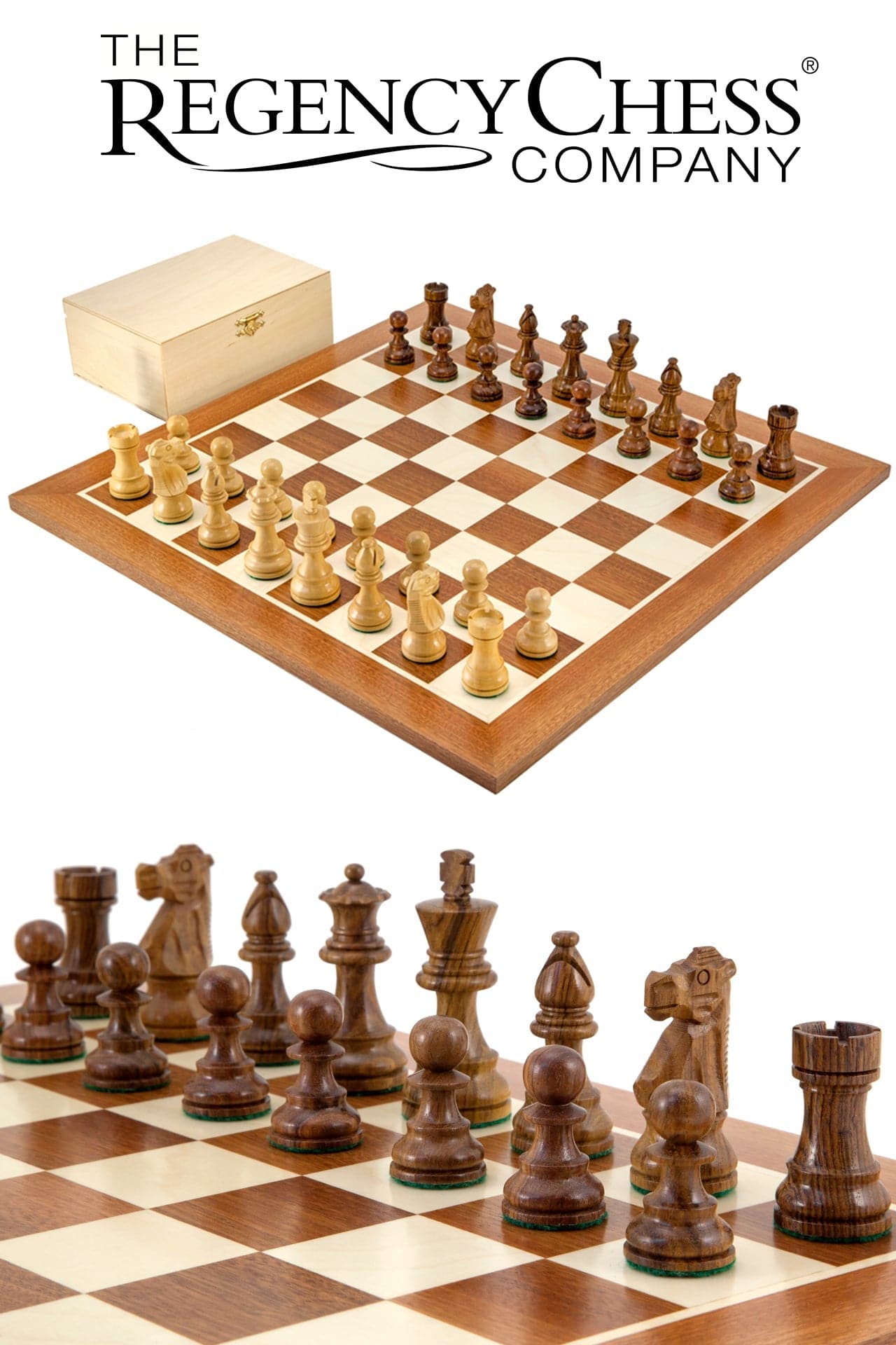 French Knight Sheesham Mahogany Chess Set with hand-carved, polished pieces on a 19-inch mahogany and maple board, including wooden box.