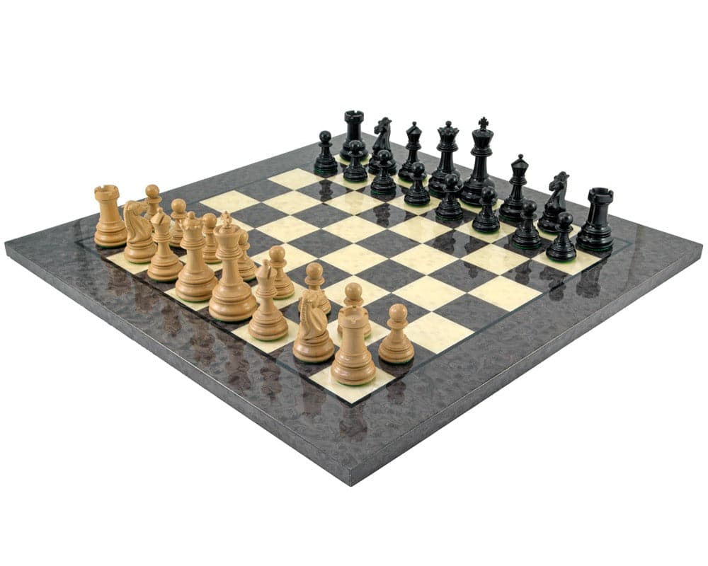 Cheltenham Ebony and Grey Briarwood Chess Set with 3.75 inch king, additional queens, weighted pieces, and 20 inch high gloss Italian grey briar board