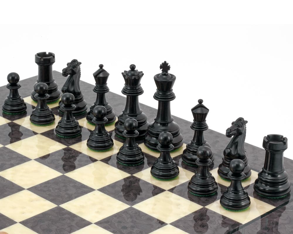 Cheltenham Ebony and Grey Briarwood Chess Set on High Gloss Italian Grey Briar Board with Boxwood Pieces and 3.75 Inch King