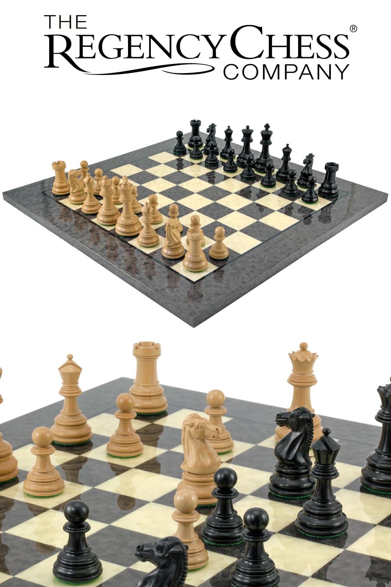 Cheltenham Ebony and Grey Briarwood Chess Set on high gloss Italian grey briar board by The Regency Chess Company