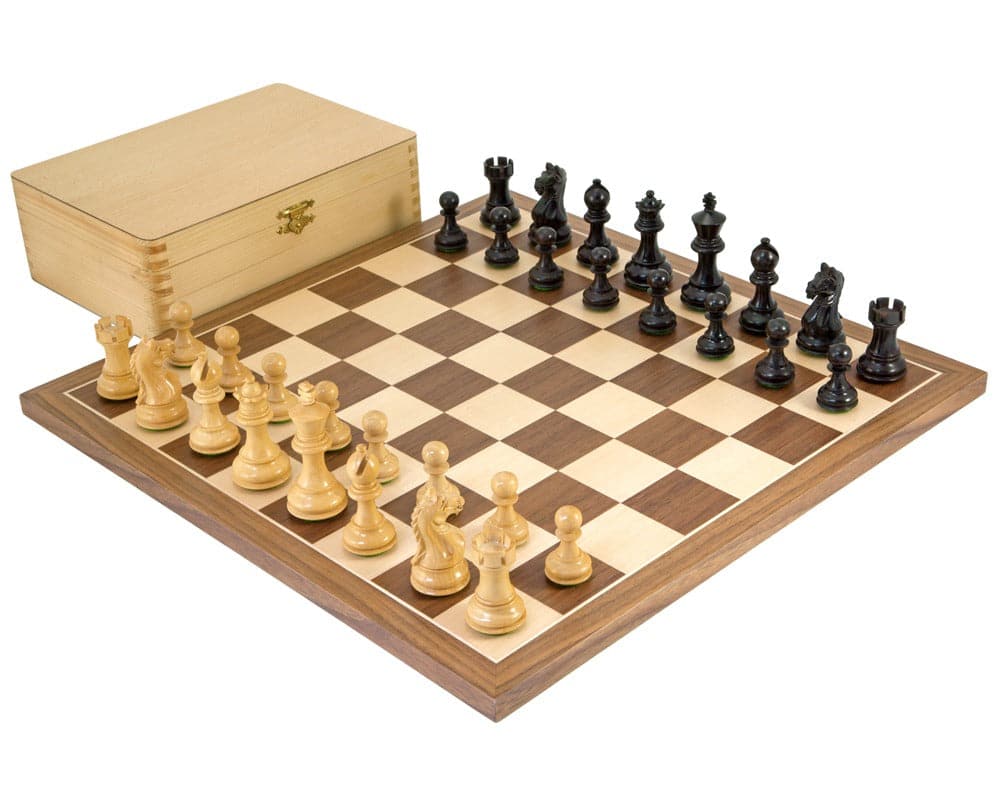 Fierce Knight Black Tournament Chess Set with deluxe walnut and maple board and wooden storage box