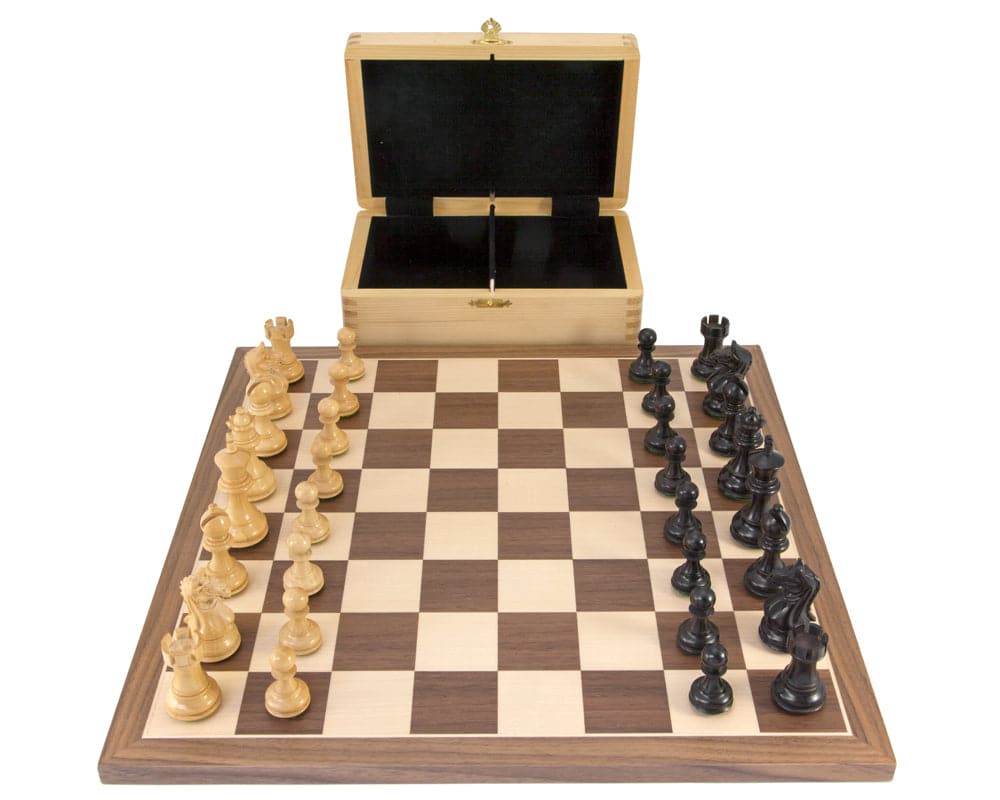 Fierce Knight Black Tournament Chess Set with Staunton pieces on walnut and maple board and storage box.