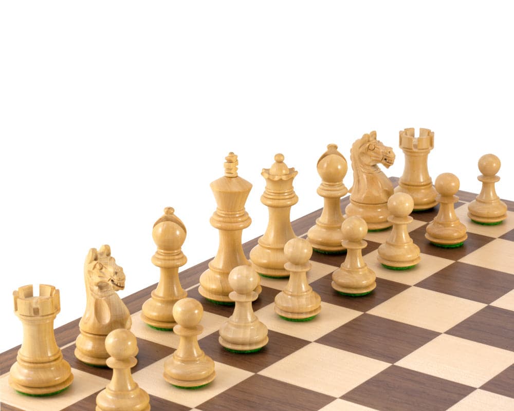 Wooden chess pieces on a walnut and maple board from the Fierce Knight Black Tournament Chess Set, showcasing the Staunton design.