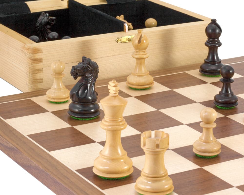 Fierce Knight Black Tournament Chess Set with deluxe walnut and maple board and storage box.