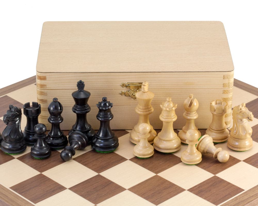 Fierce Knight Black Tournament Chess Set with 3 inch king, weighted Staunton pieces, 15.75 inch walnut maple board, and wooden storage box.