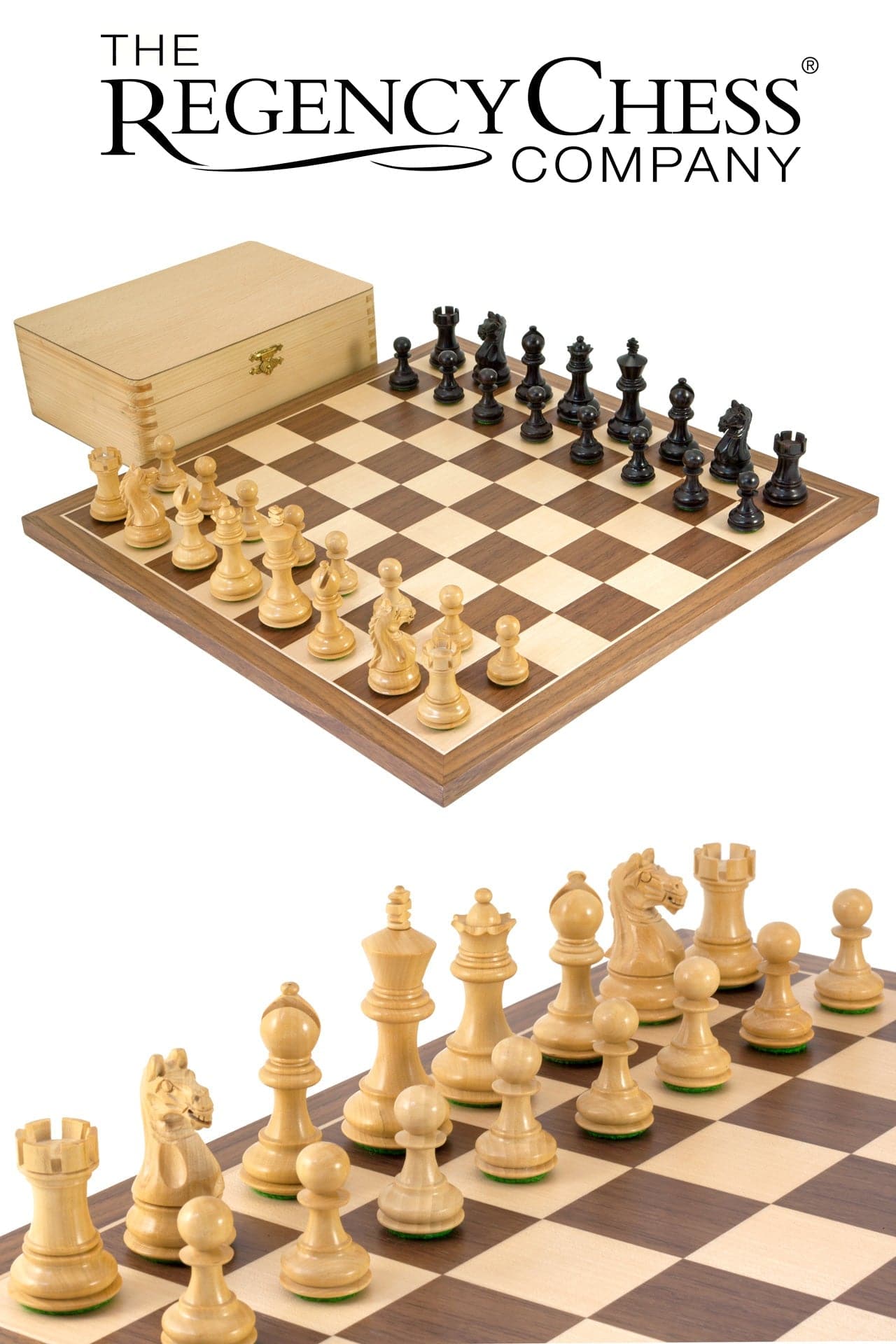 Fierce Knight Black Tournament Chess Set with a walnut and maple board and wooden storage box from Regency Chess Company