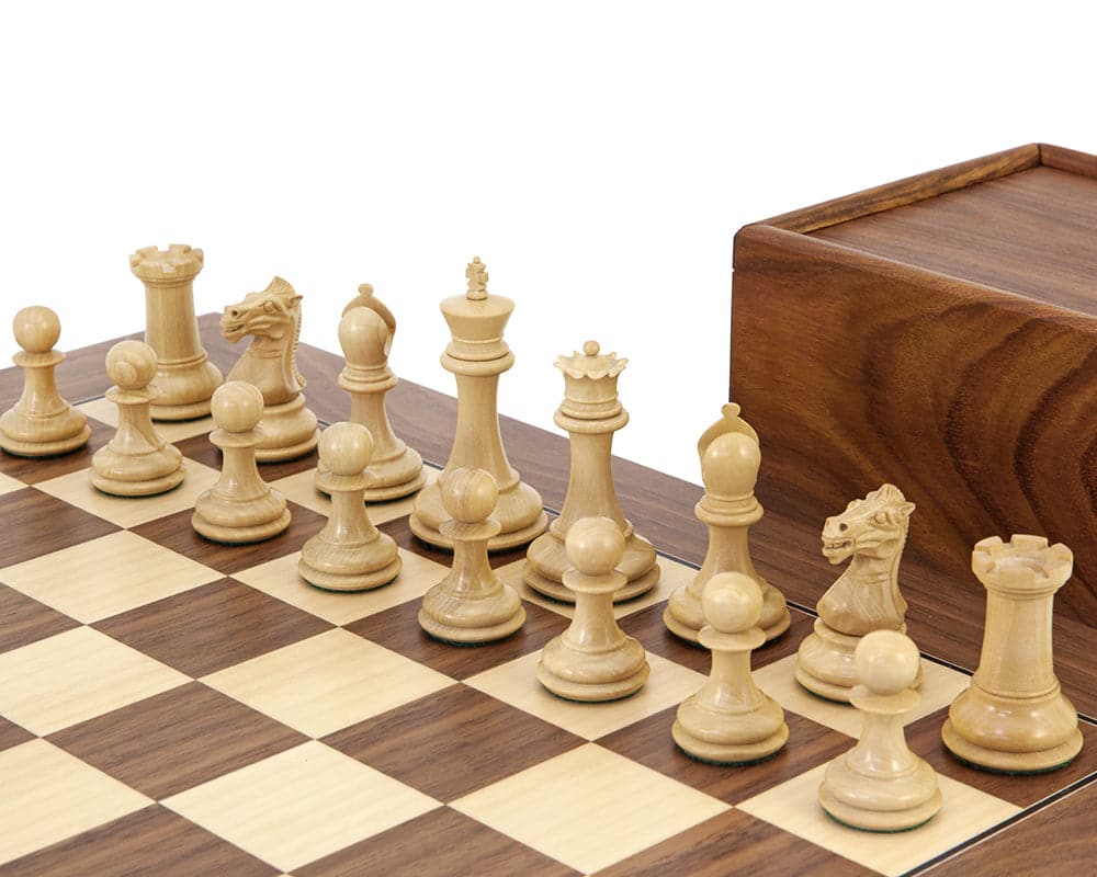 Sovereign Ebonised and Walnut Chess Set with luxury Staunton chess pieces on a traditional Walnut and Maple Chess board