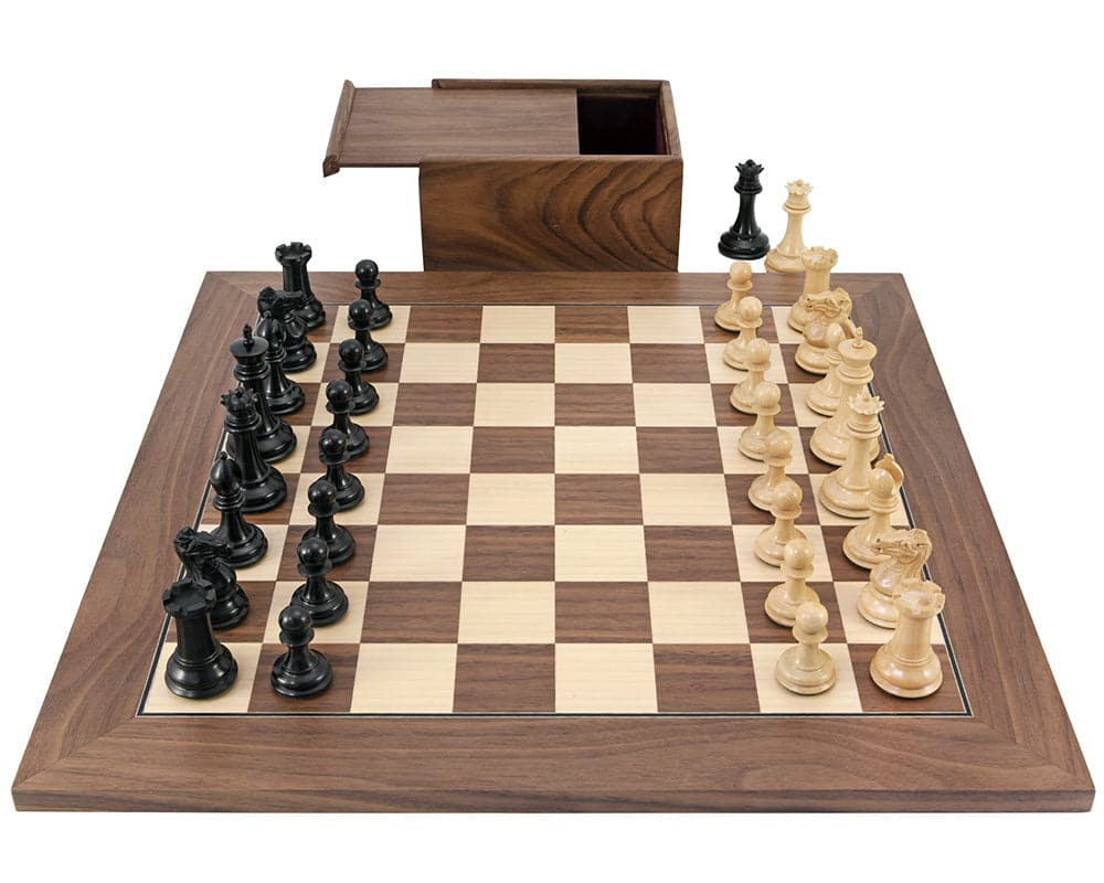 Luxury Ebonised and Walnut Chess Set with Case displaying Staunton chessmen on a traditional Walnut and Maple Chess board.