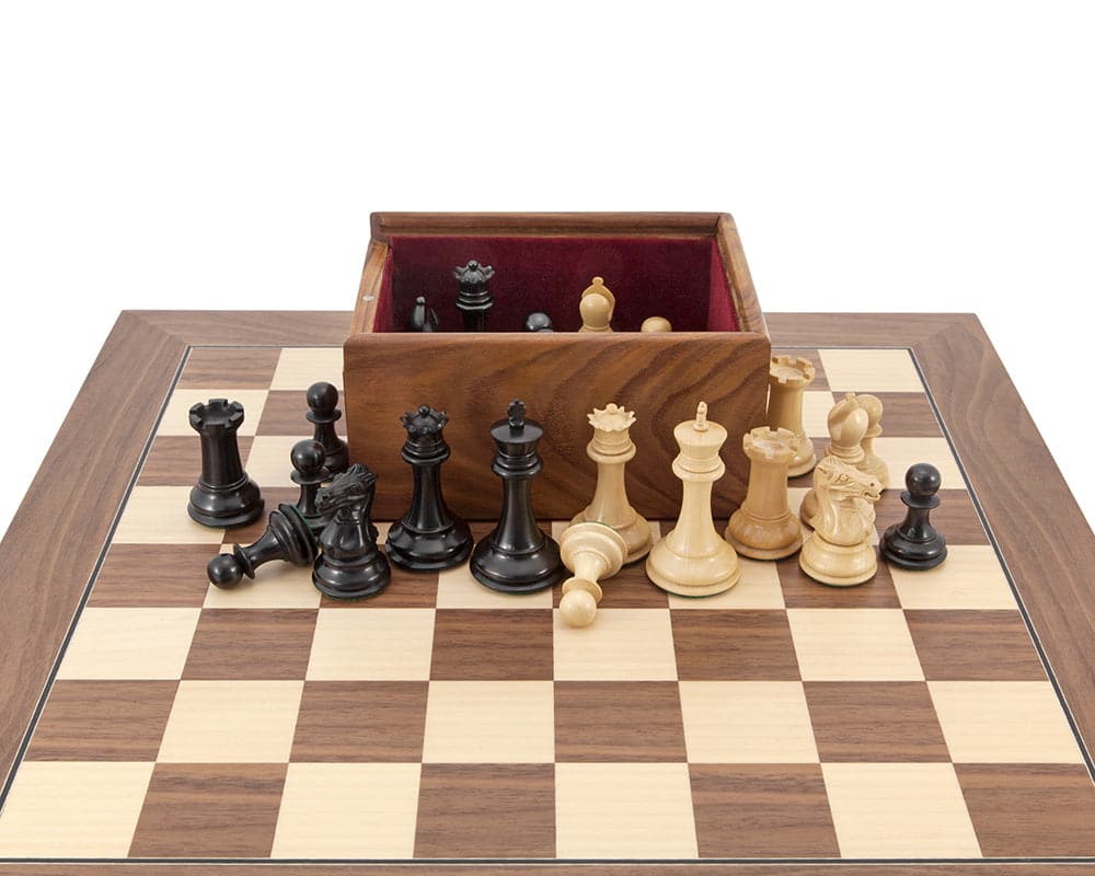 Sovereign Ebonised and Walnut Chess Set with exquisite Staunton chessmen on Walnut and Maple Chess board, featuring a luxury storage case.