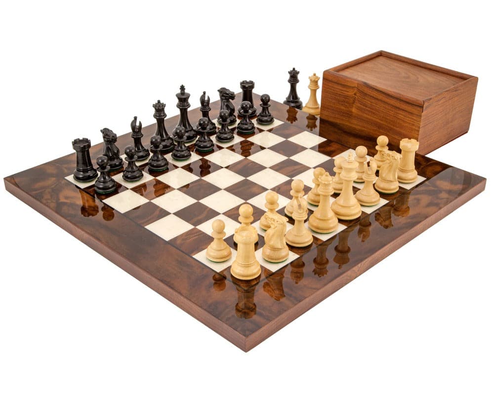 Highclere Ebony and Walnut Luxury Chess Set with 3-inch king and beautifully crafted Greek board made of Mahogany and Birch veneers