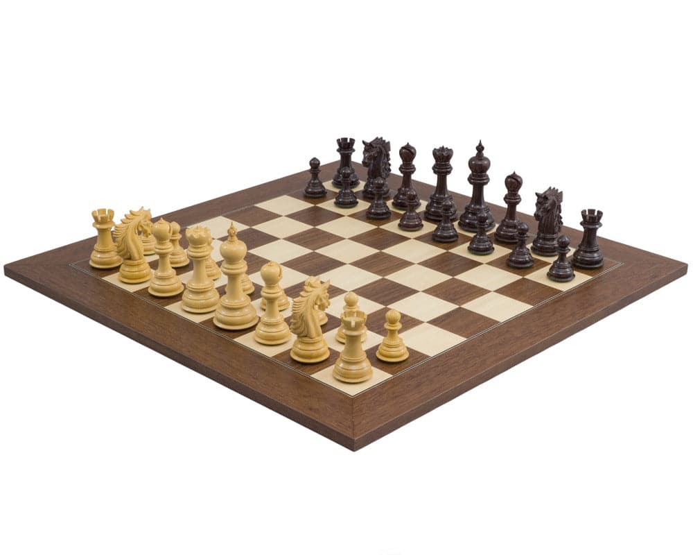 The Dubliner Montgoy Luxury Grand Chess Set with hand-carved rosewood and boxwood pieces on a 23.6 inch wood chess board