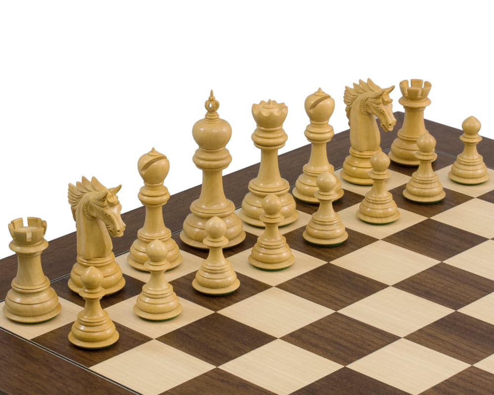 The Dubliner Montgoy Luxury Grand Chess Set with hand-carved, polished pieces on a 23.6 inch board, showcasing intricate details and carving.