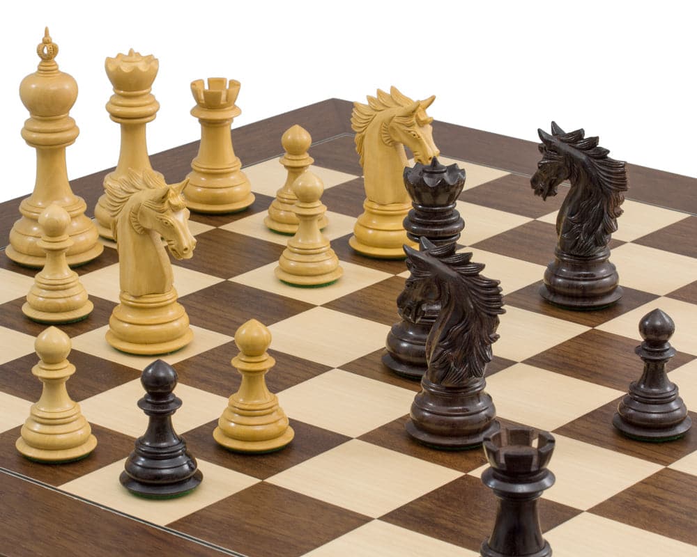 The Dubliner Montgoy Luxury Grand Chess Set with hand-carved, polished rosewood and boxwood pieces, featuring a 4.7-inch king on a 23.6-inch board