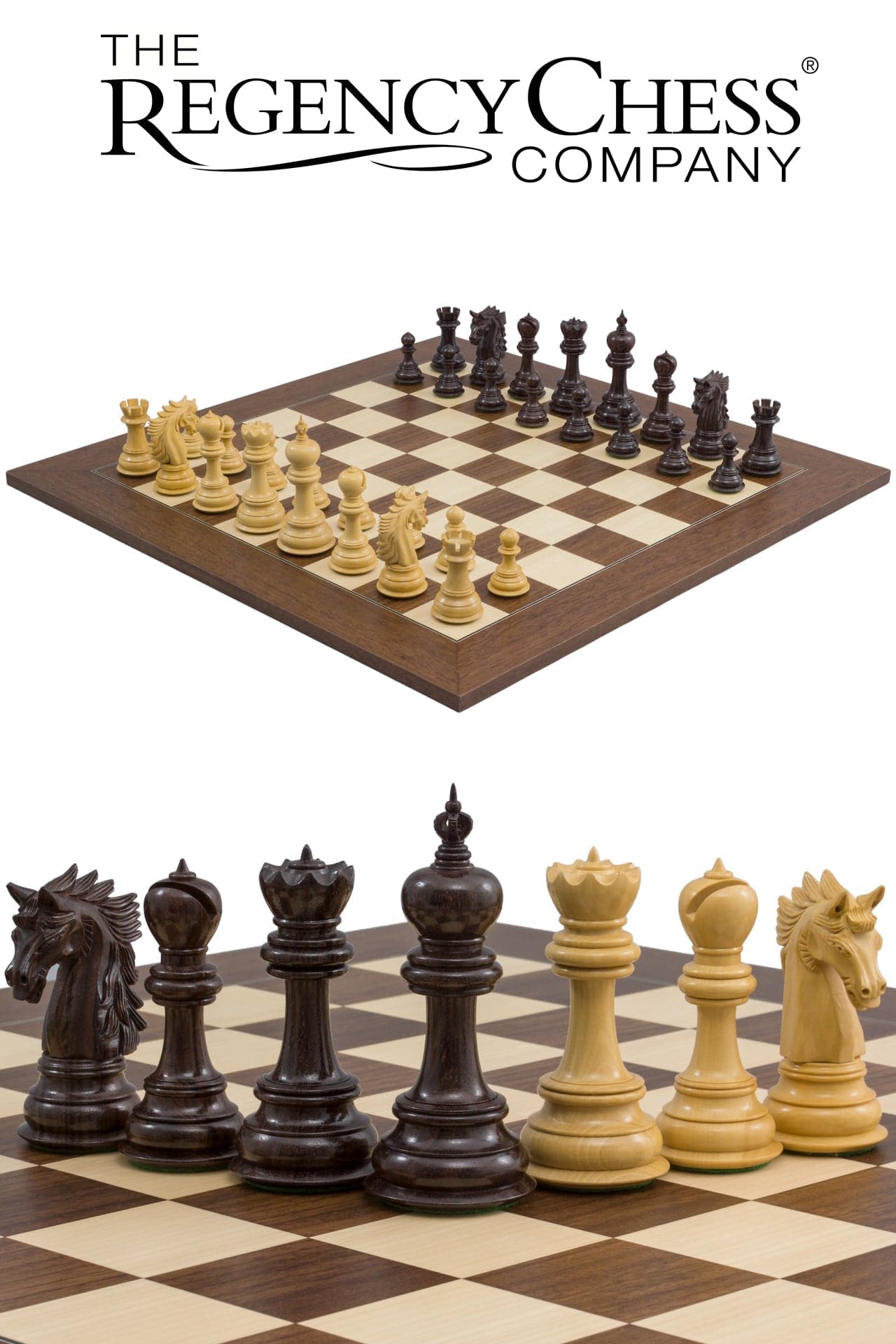 Luxurious Dubliner Montgoy Grand Chess Set with hand-carved rosewood and boxwood pieces on a large 23.6-inch board from Regency Chess Company.