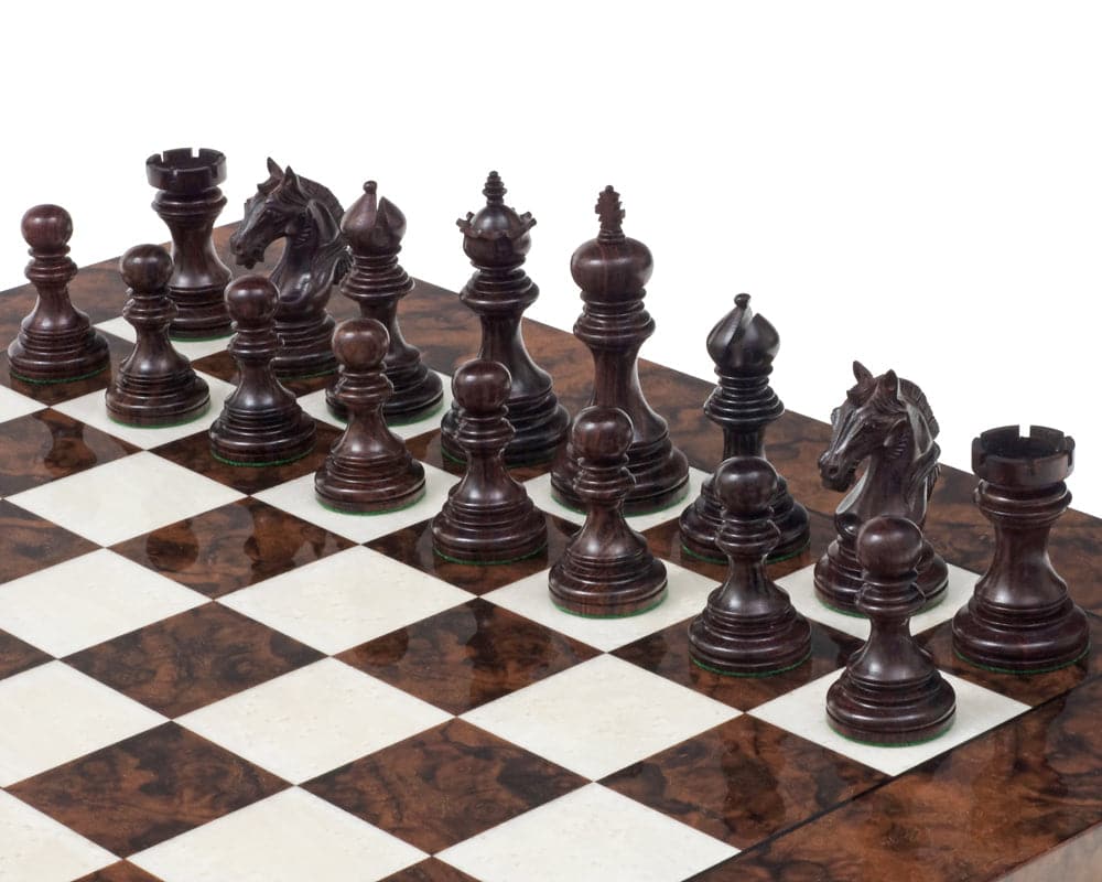 Luxury Staunton Garvi Rosewood chessmen set on walnut board, 23.6 inch high gloss inlaid Italian chess board with ornate rosewood pieces