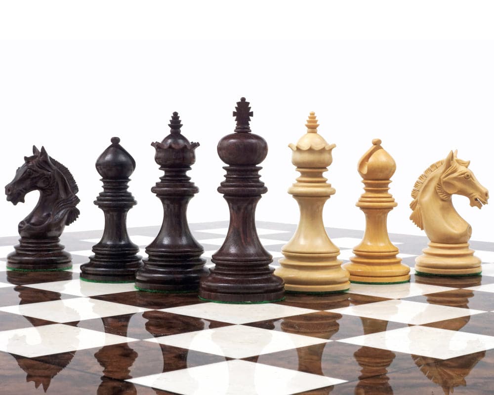 Luxury Staunton Garvi Rosewood and Walnut grand chess set with ornate chess pieces on high gloss inlaid Italian board.