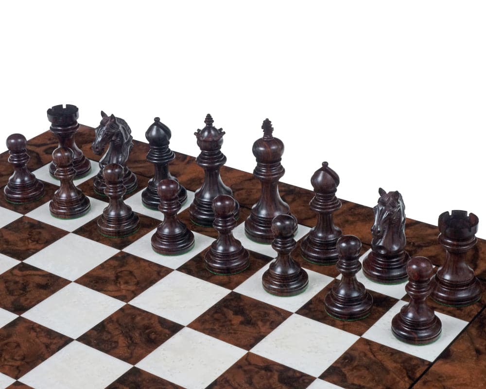 Luxury Staunton Garvi Rosewood Chessmen on Walnut Grand Chess Set with Italian high gloss inlaid board.