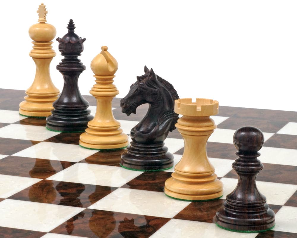 Luxury Staunton Garvi Rosewood and Walnut Grand Chess Set with ornately carved pieces on high gloss Italian walnut board