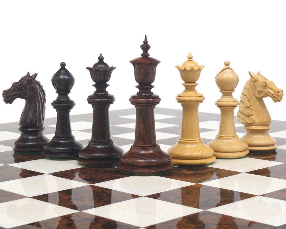 Classic Staunton Rosewood and Dark Walnut Chess Set on glossy checkered board.