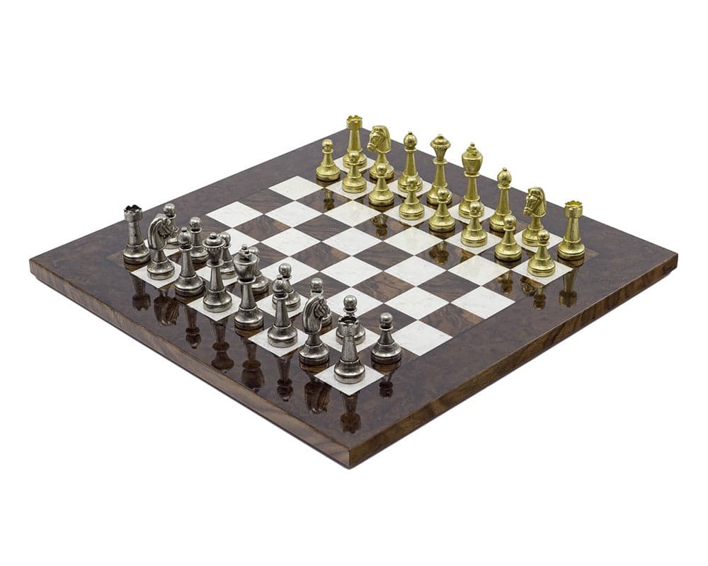 The Finnesburg and Dark Walnut luxury chess set with brass and nickel-plated pieces on a 17 inch Briarwood board, crafted by Italian artisans