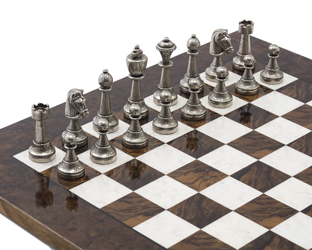 The Finnesburg and Dark Walnut Luxury Chess Set with artisanal solid brass and nickel-plated chessmen on a 17 inch Briarwood board