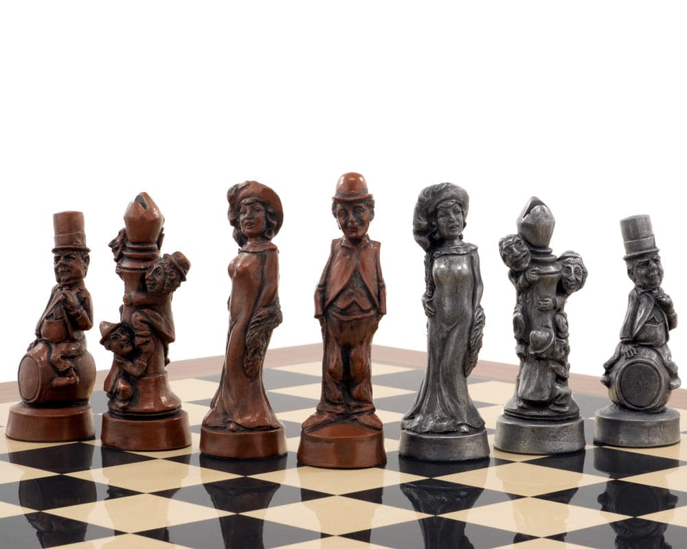 Berkeley Chess Movie Stars Metal & Palisander Grand Chess Set showing intricately designed chess pieces on board.