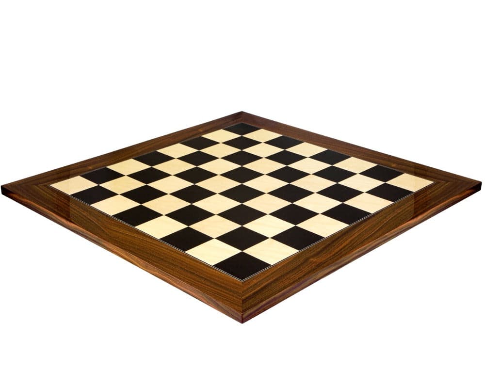 Elegant wooden chessboard from The Berkeley Chess Movie Stars Metal & Palisander Grand Chess Set with black and white squares.