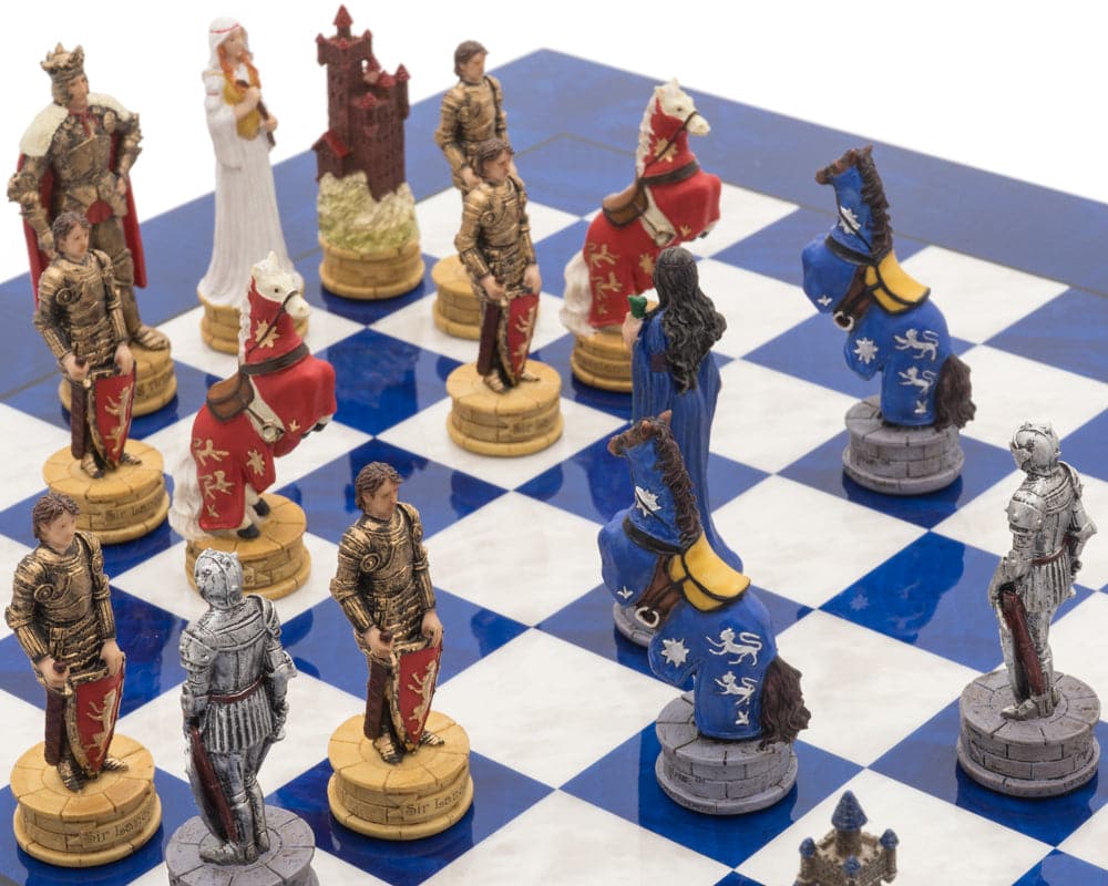 Hand-painted resin pieces on glossy blue Arthurian themed chess board