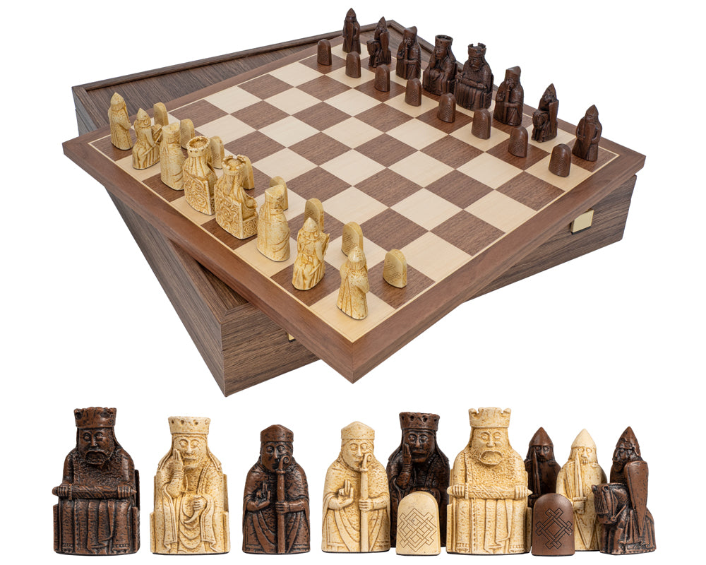Juego de ajedrez Isla de Lewis de lujo en nogal con estuche para piezas de ajedrez