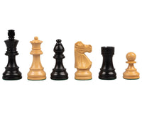 The French Knight Luxury Black Chess Set pieces featuring intricately designed black and natural-colored chessmen, including king, queen, bishop, knight, rook, and pawn.