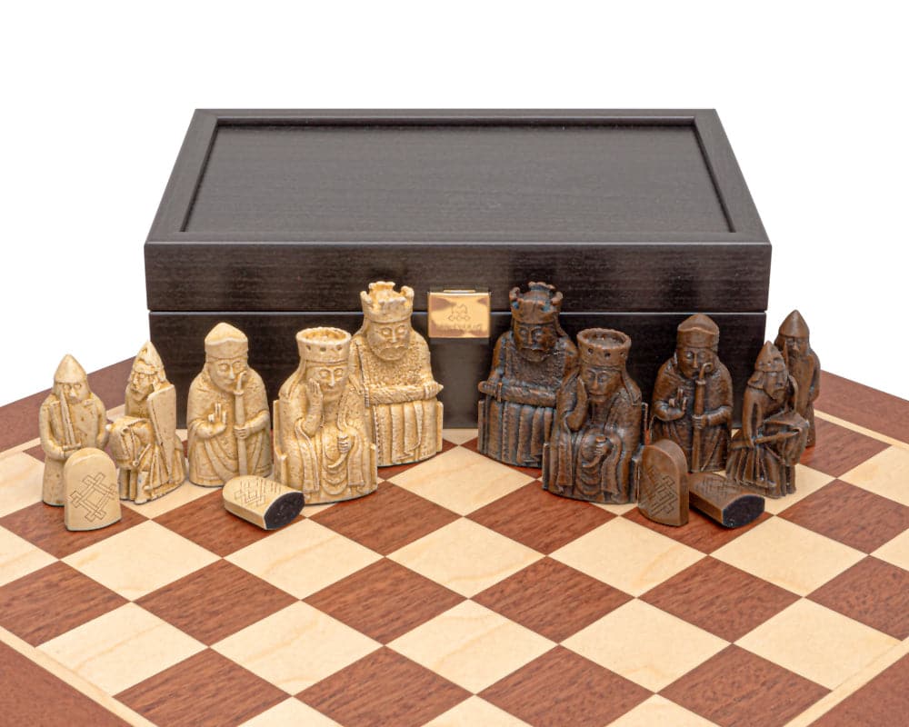 Regency Isle of Lewis and Mahogany Chess Set with detailed Italian-made chessmen on leatherette board displaying chess pieces.