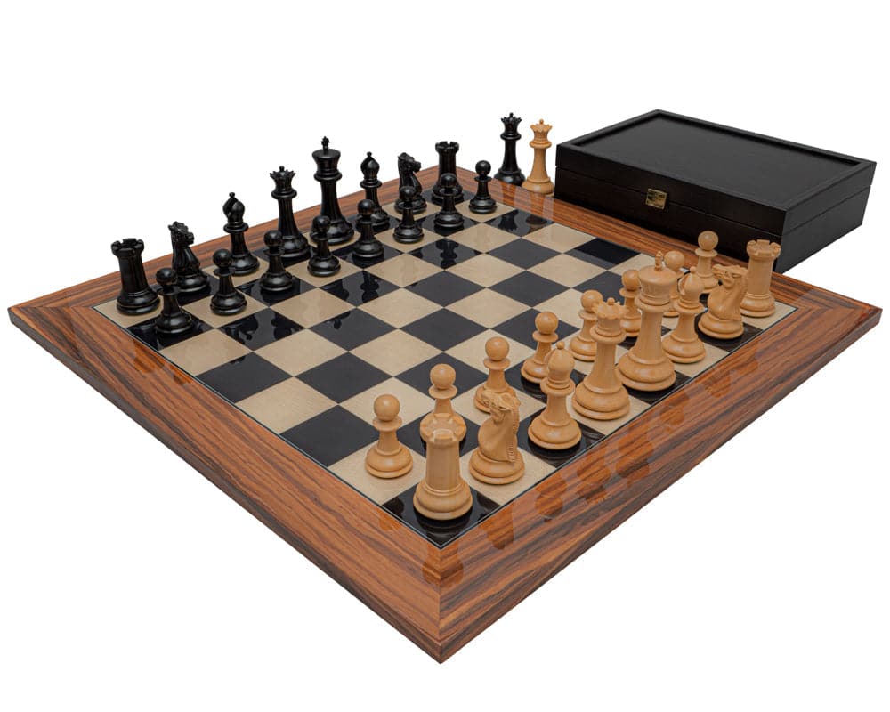 The 1849 Reproduction Staunton Ebony and Palisander Luxury Chess Set on a 20-inch board with storage box.