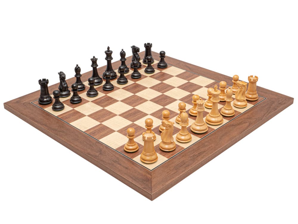 The Warwick Grand Black and Walnut Chess Set on 17.75 inch Spanish board with 1.75 inch walnut and maple playing squares featuring Staunton pieces