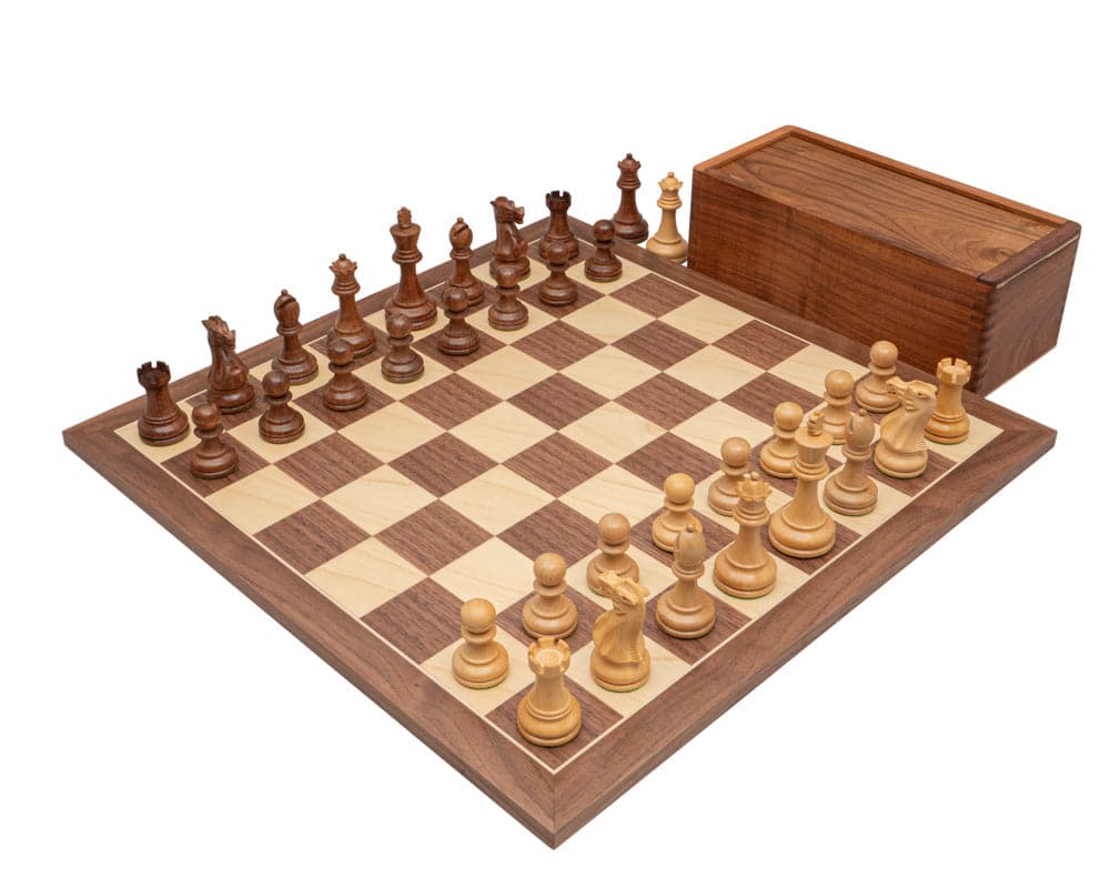 The Executive Sheesham and Maple Staunton Chess Set on high grade Walnut and Maple veneer board with solid chess piece case.