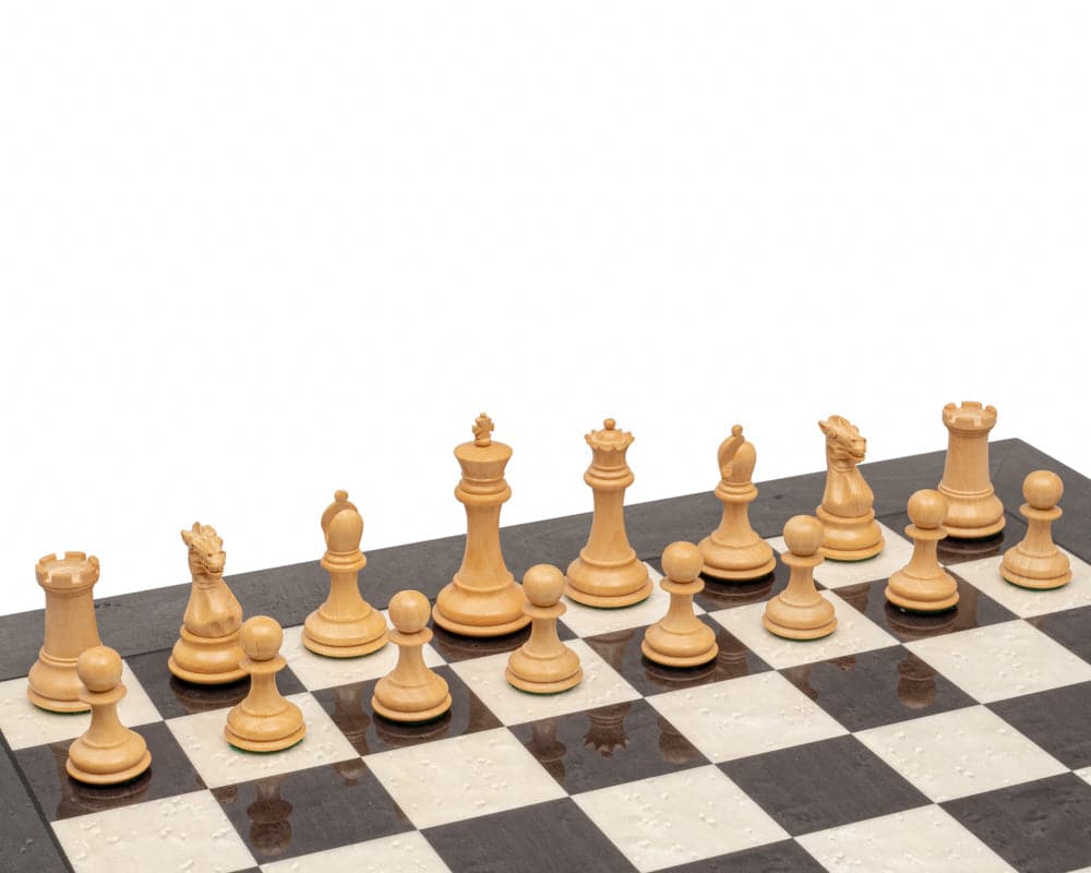 The Sovereign Ebony and Grey Briarwood Luxury Chess Set featuring Classic Staunton design, 3-inch king, additional queens, weighted pieces, and high gloss board.