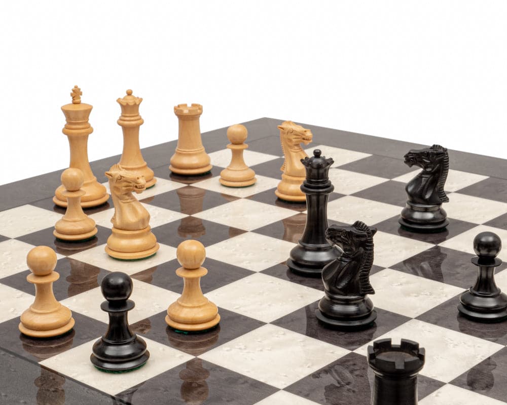 The Sovereign Ebony and Grey Briarwood Luxury Chess Set with classic Staunton design pieces on a high gloss chessboard.